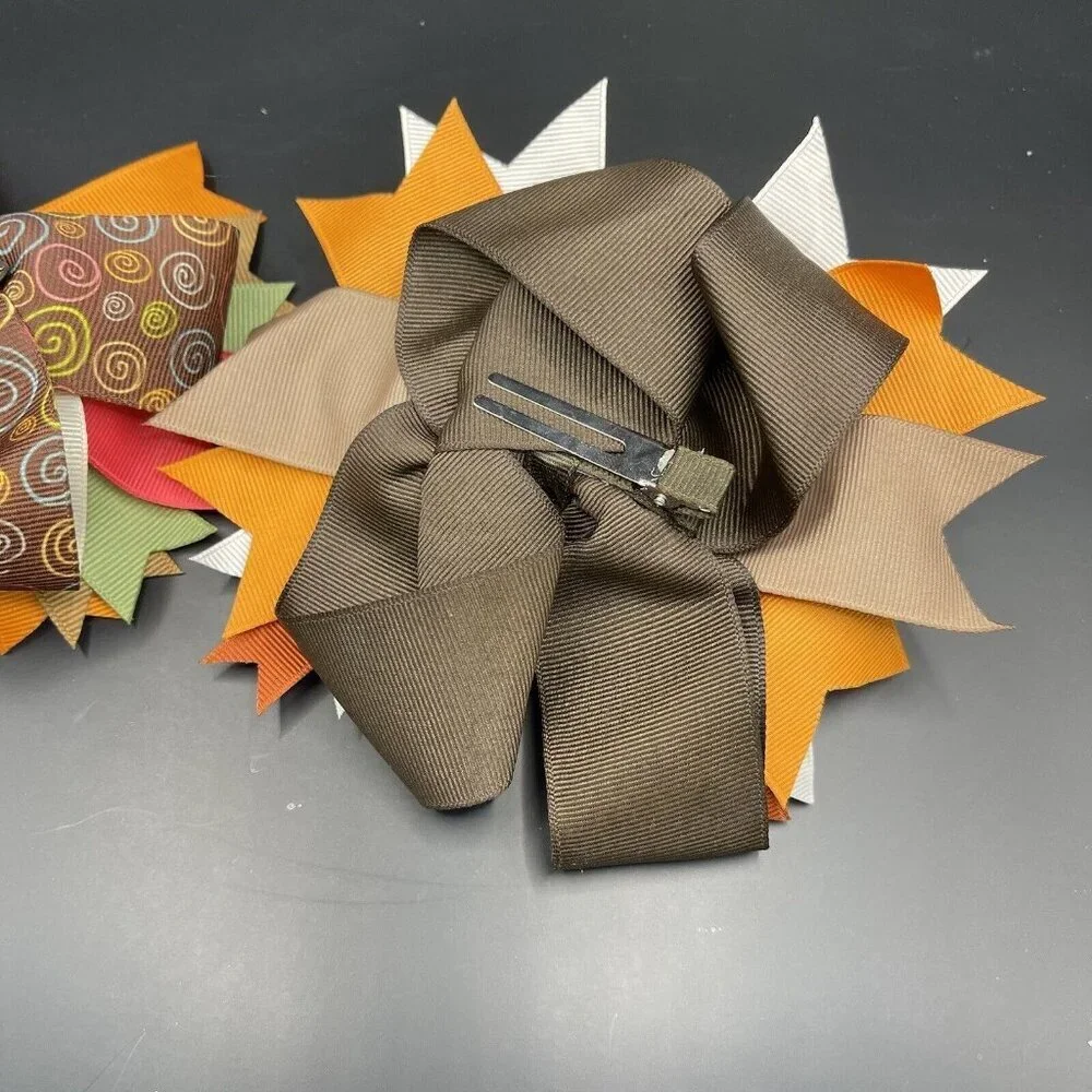 Lot of 2 Hair Bows Thanksgiving Fall Turkey Owl Brown Pink Clip Hairbow